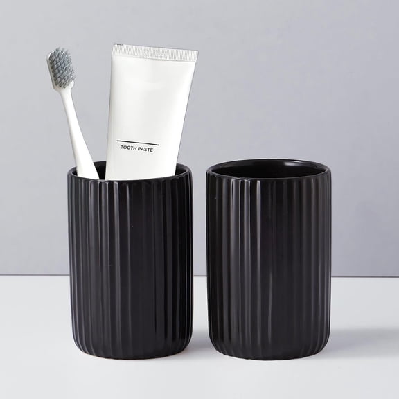 Ceramic Toothbrush Holder Set, Ribbed Bathroom Cups Tumbler, Reusable Toothbrush Mouthwash Cup, Toothpaste Holder Toothbrush Organizer for Bathroom Counter