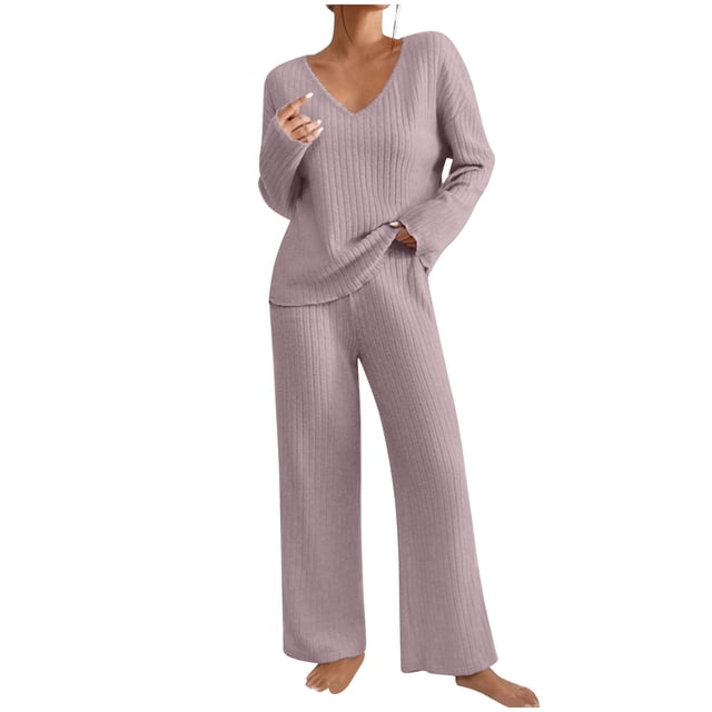 Moxiu Women's Spring Knit Matching Set - 2 Piece V Neck Long Sleeve Ribbed Wide Leg Lounge Pink,M