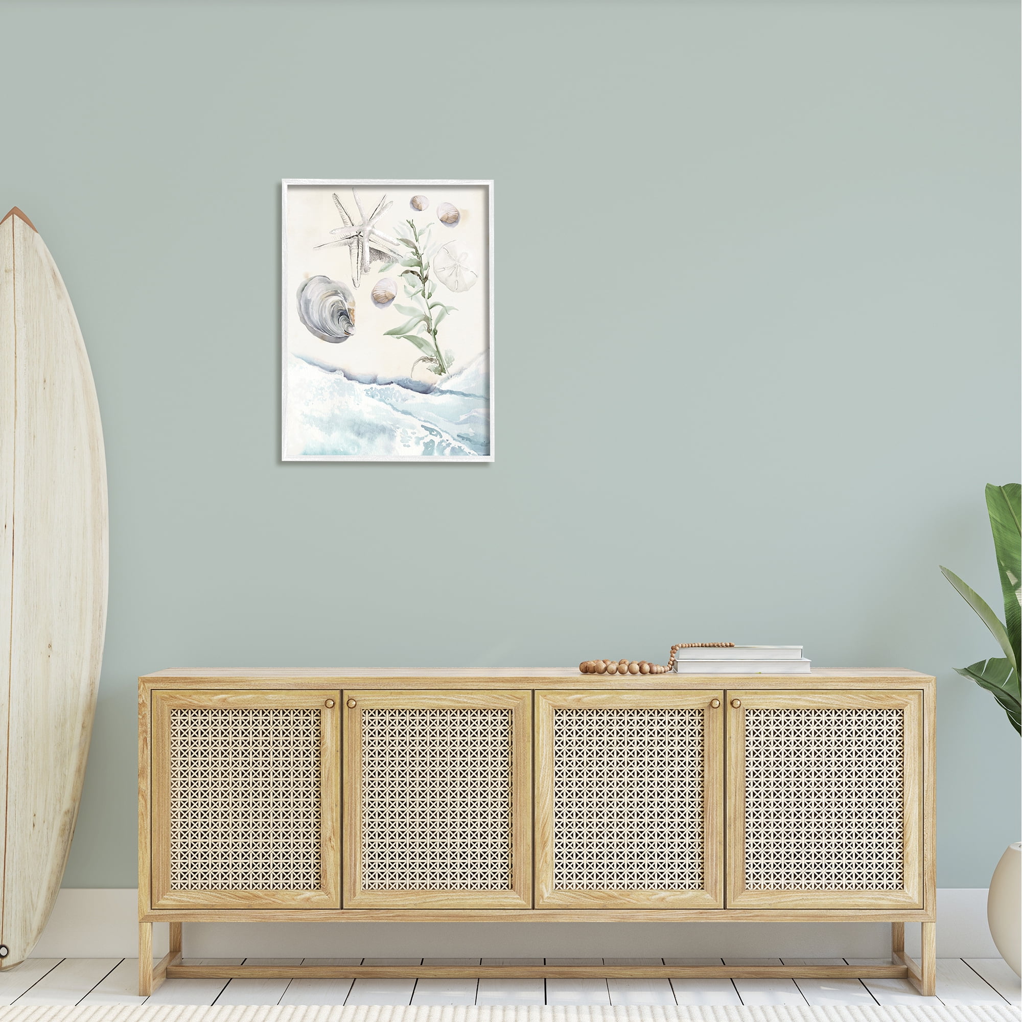 Stupell Starfish & Shells Lapping Beach Shore Landscape Painting White Framed Art Print Wall Art