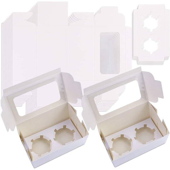 Pralb 50Pack White Paper Cupcake Boxes with Pvc Window and Two Treat Holder, Pastry and Cookie Box,Cupcake Containers Bakery Cake Box,Auto-Popup Cupcake Carriers Bakery Cake Box(6.3x3.5x3inch)