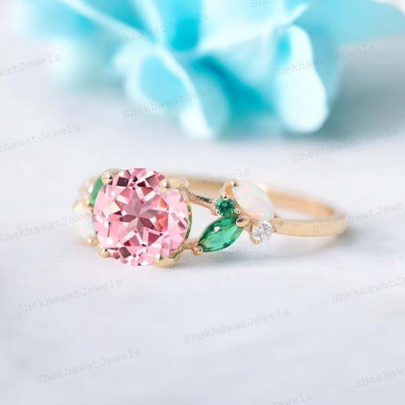 SHEKHAWATJEWELS 6 mm/ 0.75 Round Shape Pink Sapphire Engagement Ring Cluster Opal Emerald Ring For Women Yellow Gold Plated Silver Anniversary Gift For Her