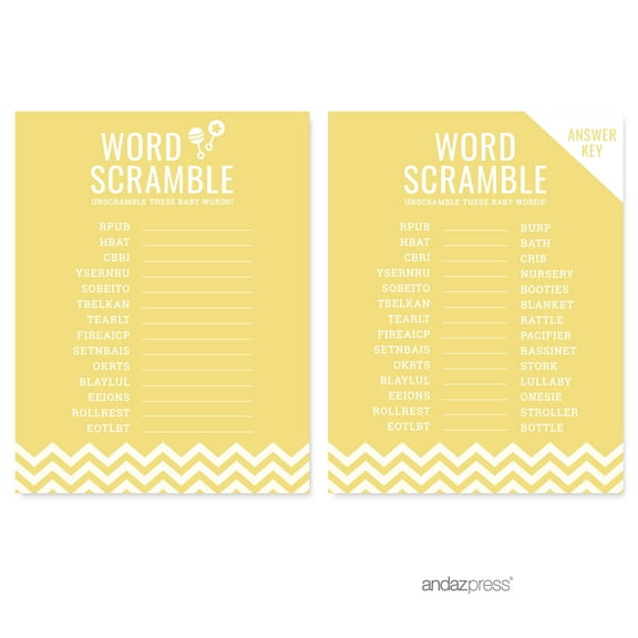 Word Scramble Yellow Chevron Baby Shower Games, 20-Pack