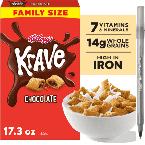 Kellogg's Krave Breakfast Cereal, Kids Cereal, Family Breakfast, Family Size, Chocolate, Box (1 Box) with pan