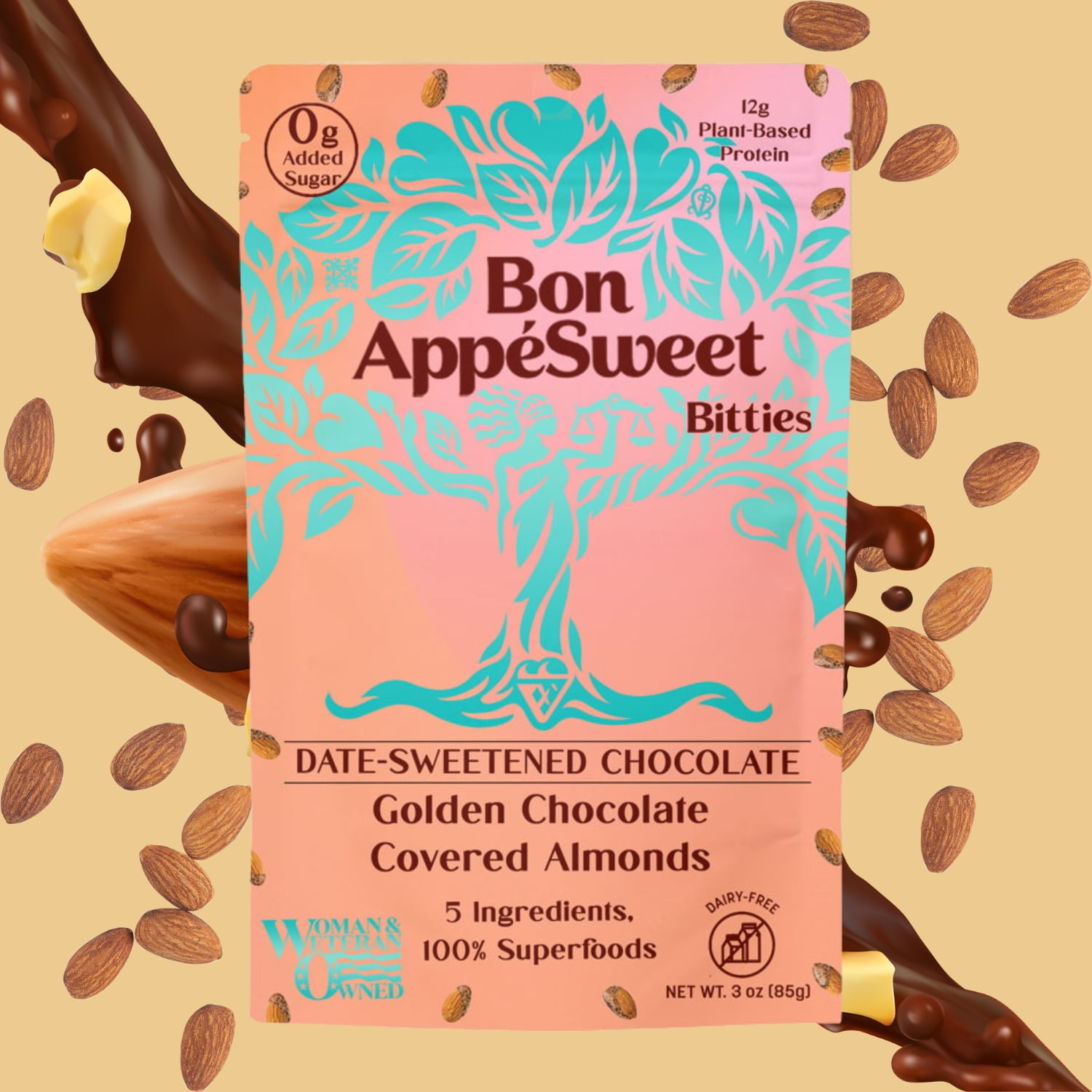 Bon Appesweet Date Sweetened Chocolate Covered Almond Protein Snacks - Golden Chocolate Covered | 3 Ounce (Pack of 3) | Zero Added Sugar, 37% Cacao, Plant Based, Dairy Free, and Guilt Free!