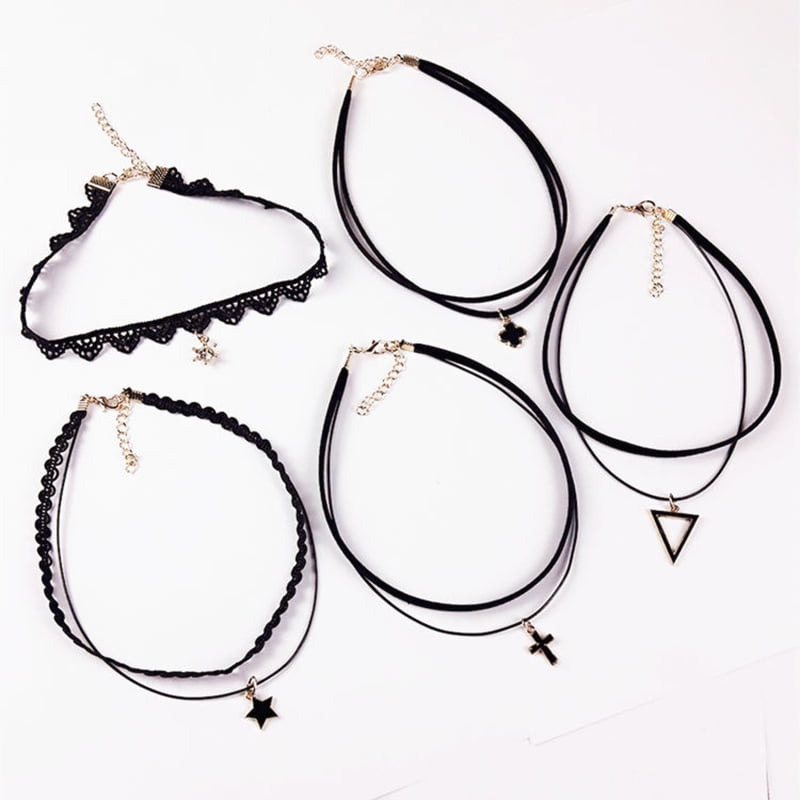 New 5pcs/set Lace Velvet Choker Star Chain Vintage Collar Necklace Jewelry Black