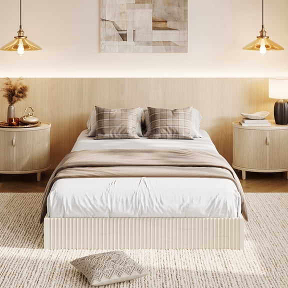 PYY Bed Frame Minimalist Fluted Wood Platform for Home Office - Low Profile Bed Base, Noise-Free, Easy Assembly, No Box Spring Needed - Twin Size, Cream White