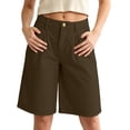 thumbnail image 2 of Cagogo Women's Straight Leg Bermuda Shorts Mid Rise Pockets Solid Casual Summer Regular Fit Cropped Pants Lounge Beach Travel Trousers, Brown L, 2 of 7