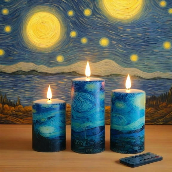 Flameless Candles with Printed Famous Painting LED Candle Battery Operated Candles with Remote Control, LED Pillar Candles for Wedding Holiday Party Table Home Decorations,Set of 3