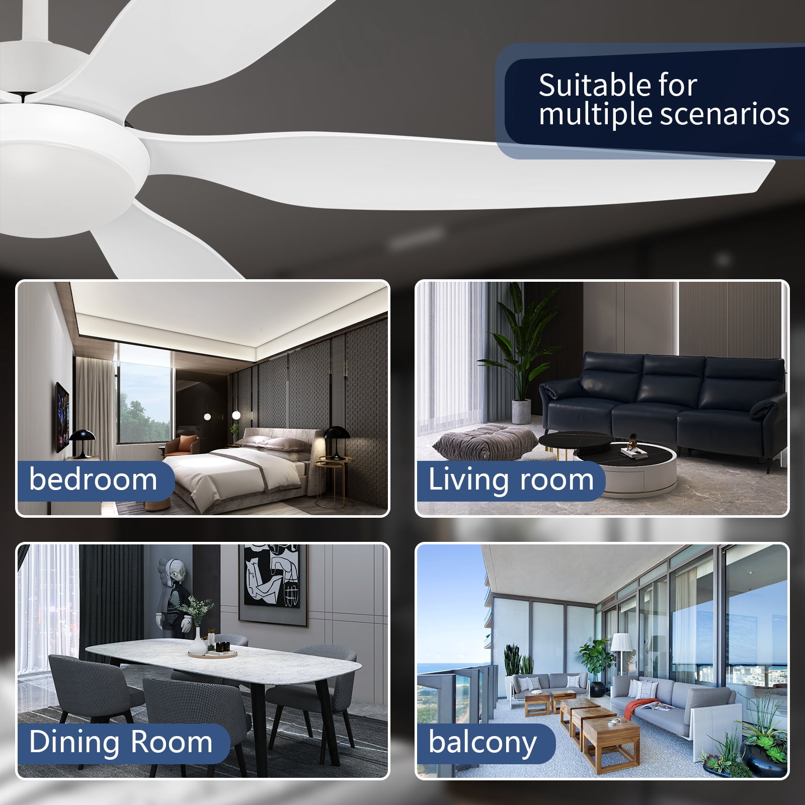 Wozzio 65 inch Ceiling Fan with Light and Remote, 3CCT Dimmable LED Light, 6 White ABS Blades, Indoor & Outdoor
