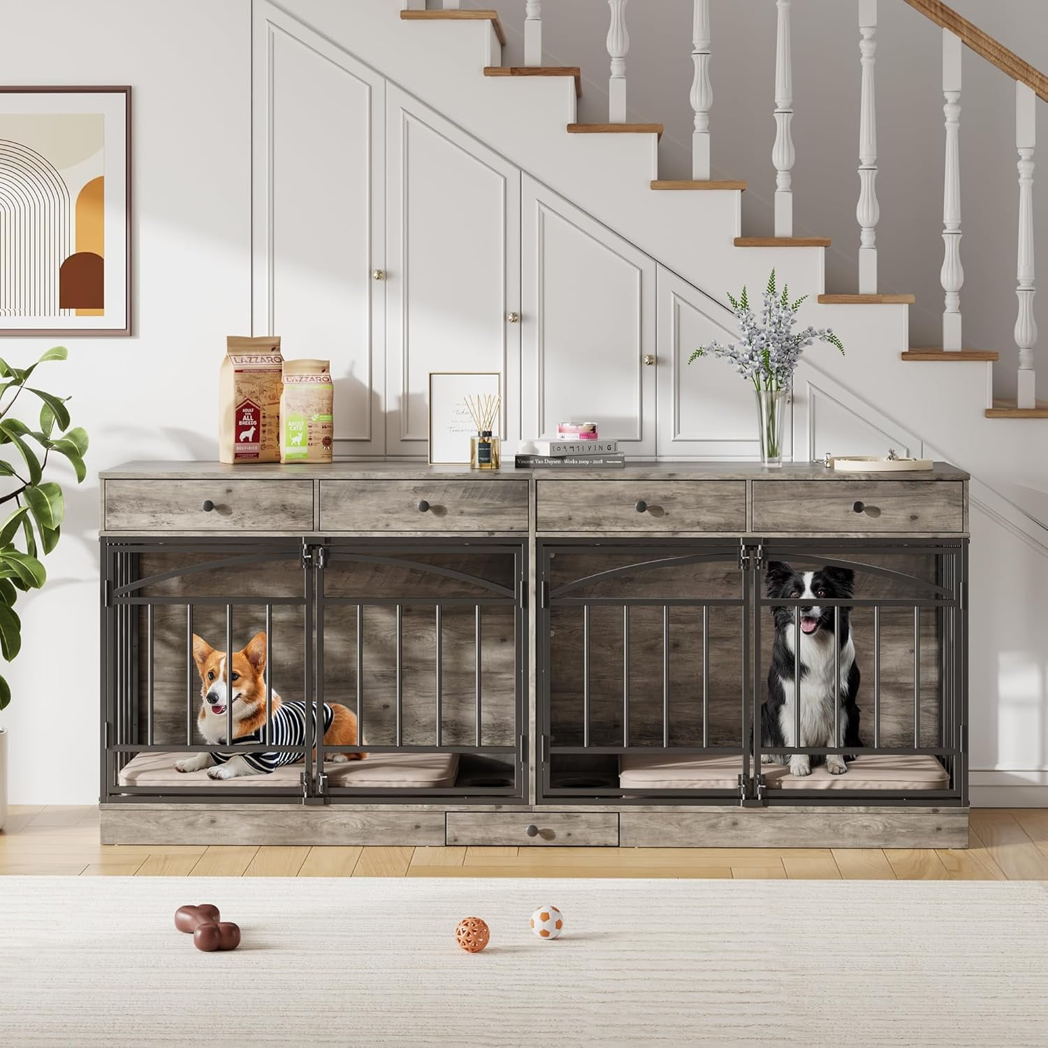 IdealHouse Double Dog Crate Furniture for 2 Dogs, Indoor Pet Kennel TV Stand with 4 Storage Drawers & Feeding Bowls, for Small/Medium Dogs, Grey