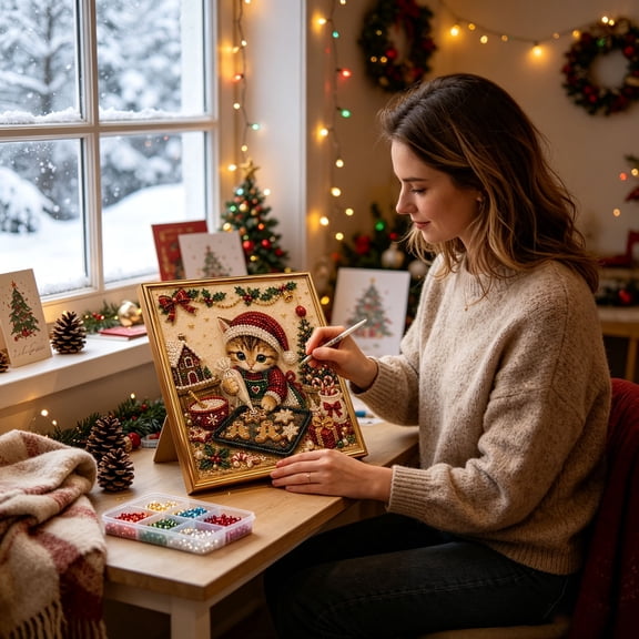 Christmas Cat Pearl Painting Kit Xmas Kitten Pearl Bead Art DIY Kit Beginner Friendly Diamond Gem Painting Set Holiday Handmade Wall Decor Craft Kit For Adults Family Activity