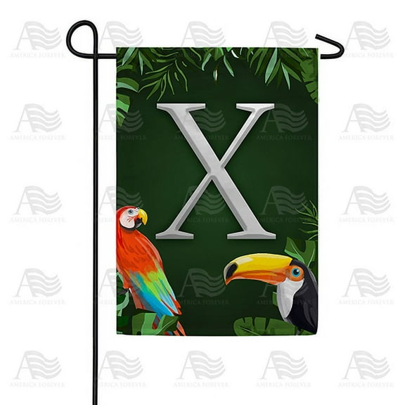 America Forever Tropical Bird Summer Monogram Garden Flag Letter X 12.5 x 18 inches Parrot Toucan Palm Leaves Double Sided Vertical Outdoor Yard Lawn Decorative Coastal Garden Flag