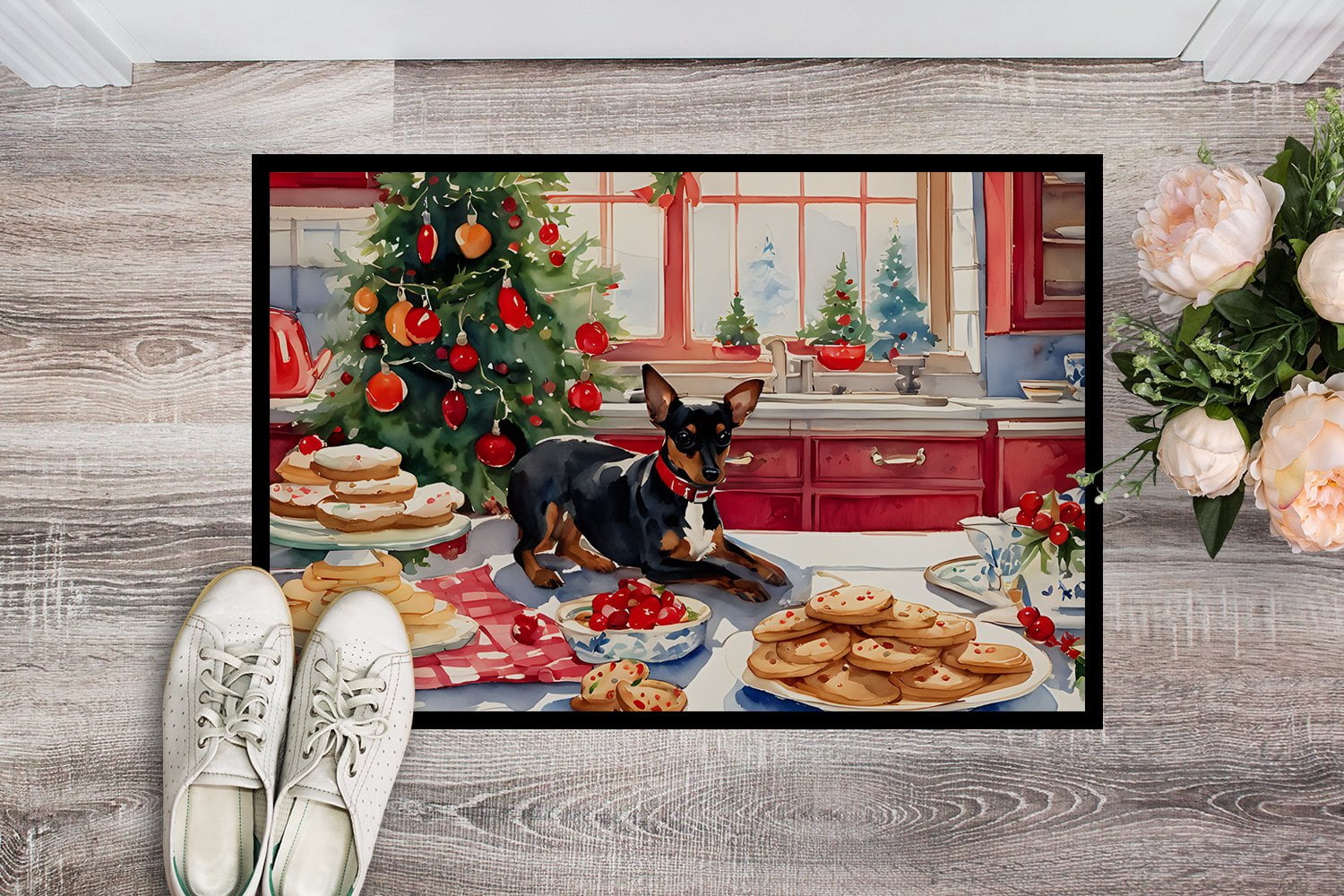 Carolines Treasures DAC3852JMAT 24 x 36 in.  Miniature Pinscher Christmas Cookies Doormat