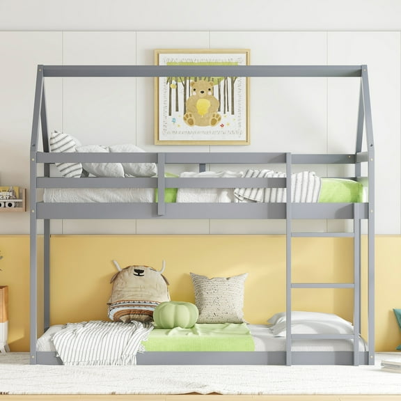 Harper & Bright Designs House Shaped Bunk Bed Twin over Twin with ladder, Wood Floor Bunk Bed Frame with Guardrails, Grey