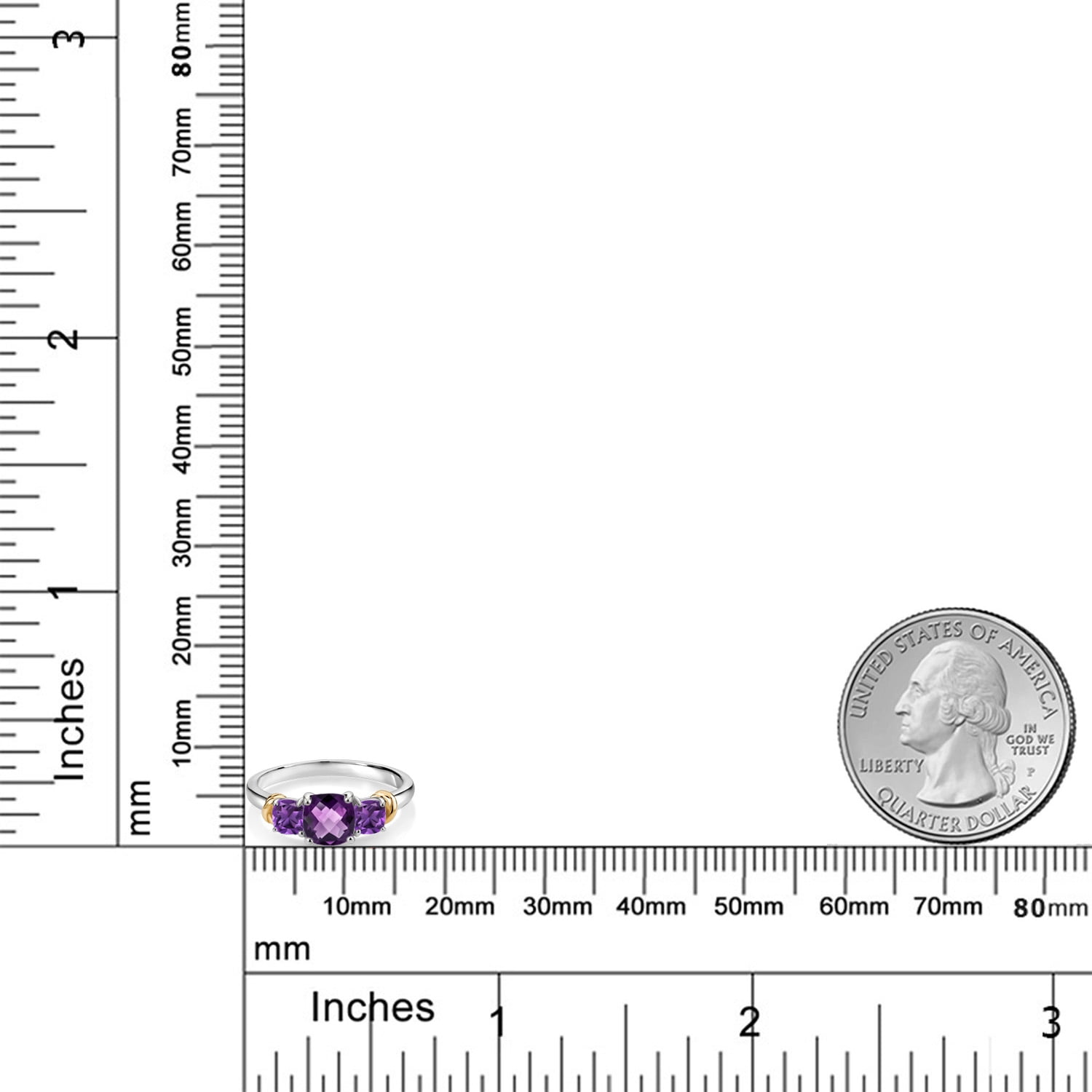 Gem Stone King 925 Sterling Silver and 10K Yellow Gold Purple Amethyst 3 Stone Engagement Ring for Women (1.28 Cttw, Cushion Checkerboard Cut 6MM and 4MM, Available in Size 5, 6, 7, 8, 9)
