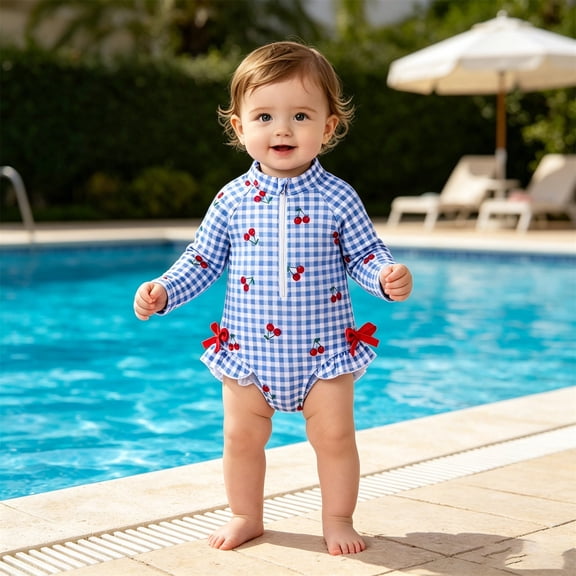 Girls Swimsuit Neck Long Sleeve Ruffle Zipper Cartoon Print One Piece Swimsuit Sun Protection Bathing Suits for Girls Blue 9-12 Months