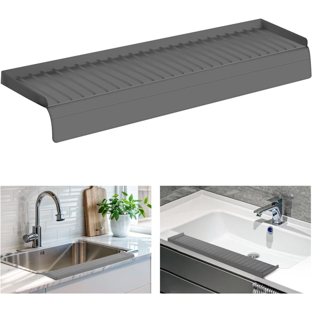 Protectores de borde de fregadero de silicona, diseño mejor con ventosas, protector contra salpicaduras para cocina, cuarzo, granito, tina (gris, 20 x 4 pulgadas)