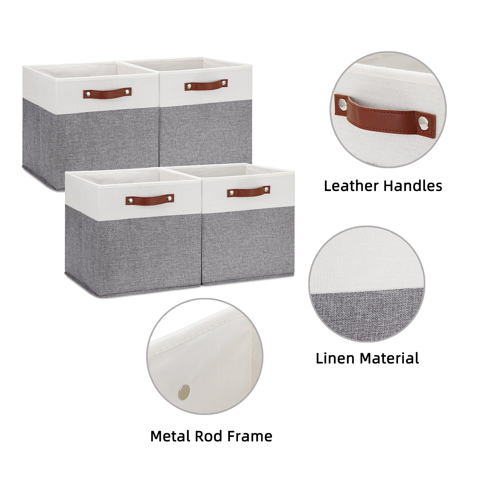 ANLEM 13x13 Storage Cubes Baskets 4 Pack Fabric Cube Storage Bins Large Storage Baskets with Leather Handles,Decorative Storage Boxes for Organizing Shelves(White&Gray)