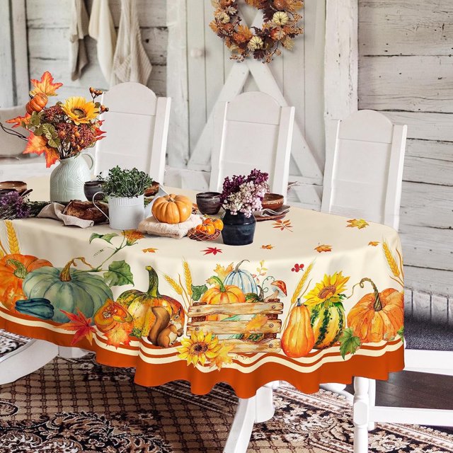 Nappe Ovale d'Automne, Citrouille de Récolte d'Automne de l'Action de Grâce Tournesol Feuille d'Érable Nappe en Polyester Imperméable Résistante aux Plis Durable pour Automne, Action de Grâce, Fête, Décoration Intérieure 54x72 Pouces