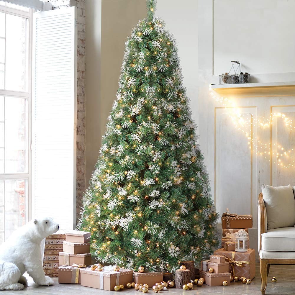 PreLit 7.5ft Pine Christmas Tree, Snow Flocked 700 UL Certificated Clear Lights, Artificial PreLit 7.5ft Pine Christmas Tree, Snow Flocked 700 UL Certificated Clear Lights, Artificial