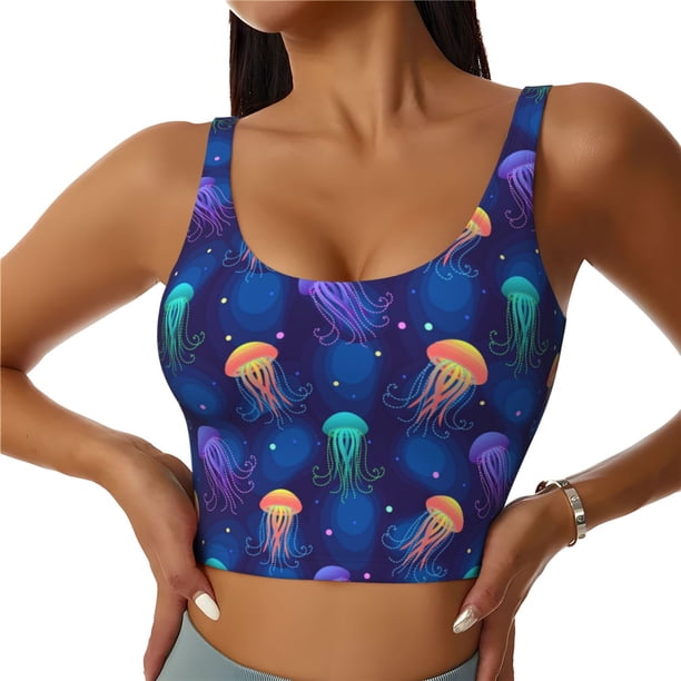 Balery Jellyfish colorful Sujetadores deportivos con espalda cruzada para mujer, acolchados, sin costuras, de alto impacto, ideales para yoga, gimnasio, entrenamiento y fitness.-X-Large