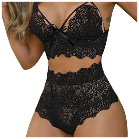 

DORKASM Women 2 Piece Lingerie Sets Strappy High Waisted Sexy Lace Bra and Panties Set Black L