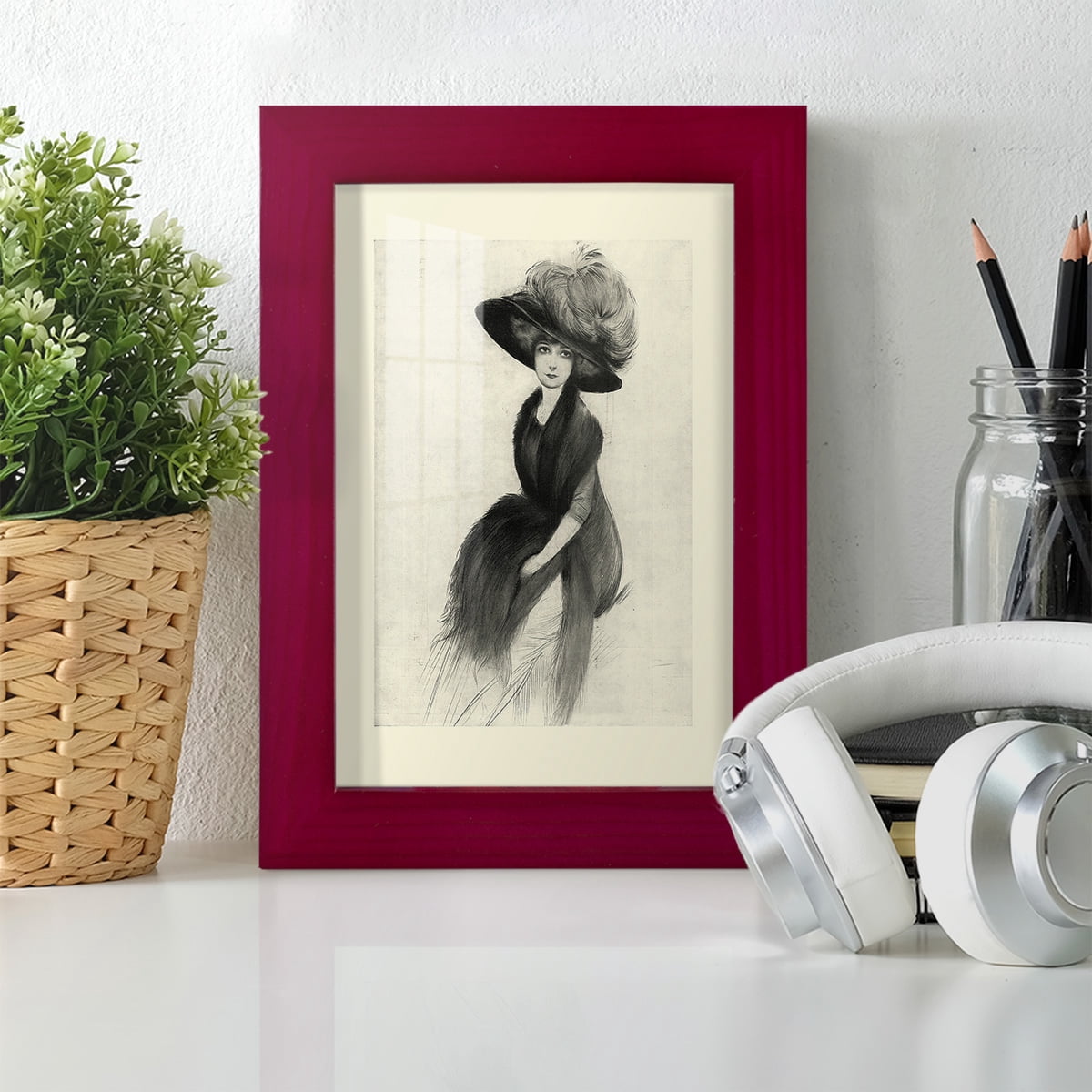 Feather Hat II -Framed Print w/glass-Cherry Red