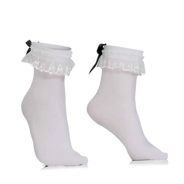 タイツ・ソックス White Bow White Lace Ankle Socks Skeleteen Women's Vintage Frilly White Lacey Ruffle Ankle