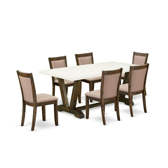 East West Furniture V-Style 7-Piece Wood Dining Set in White/Jacobean/Khaki Gray