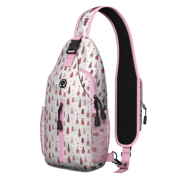 Sling Backpack,Pink Christmas Tree Pattern Crossbody Bag with Water Bottle Holder,Waterproof Sling Bag for Men/Women with Chest Phone Holder for Hiking,Travel
