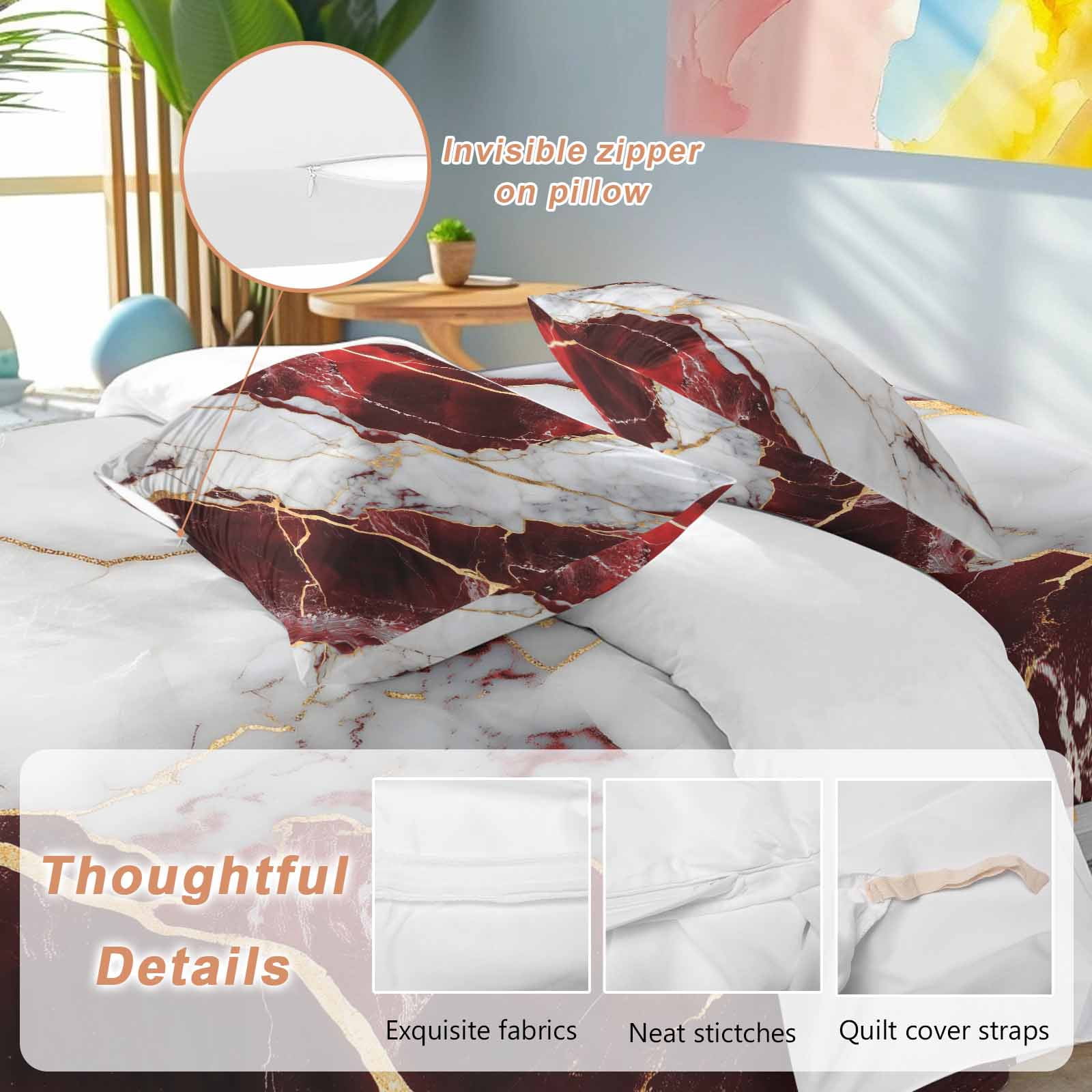 Queen 4 Piece Bedding Set Burgundy Red White Marble Soft Breathable Duvet Cover and Pillowcase, Modern Abstract Stone Crack Texture Duvet Cover Set Bed Sheets for Bedroom Dormitory Guest Room