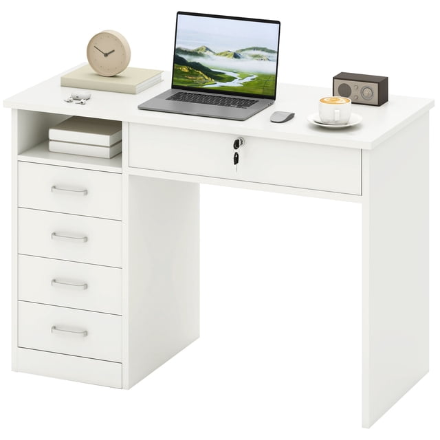 White Computer Desk with Storage & Lockable Drawer - Home Office Study Table - 43.3” Writing Desk for Living Room, Bedroom, or Office Space