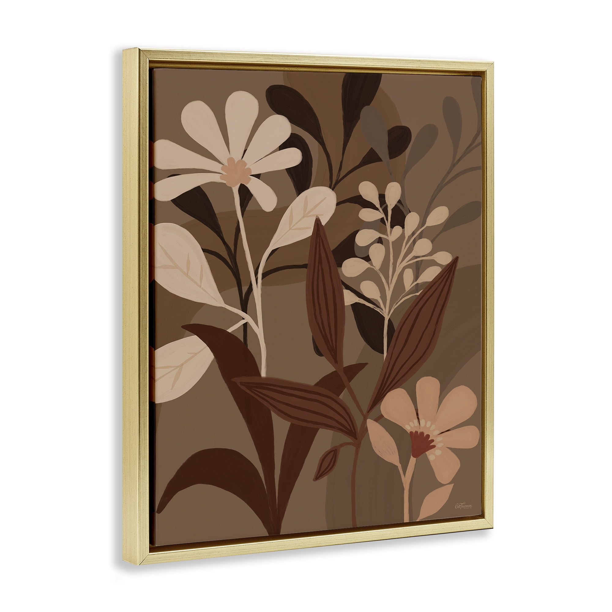 Stupell Industries Muted Boho Botanicals Plants & Flowers Painting Gold Floater Framed Canvas Art Print Wall Art, 17 x 21