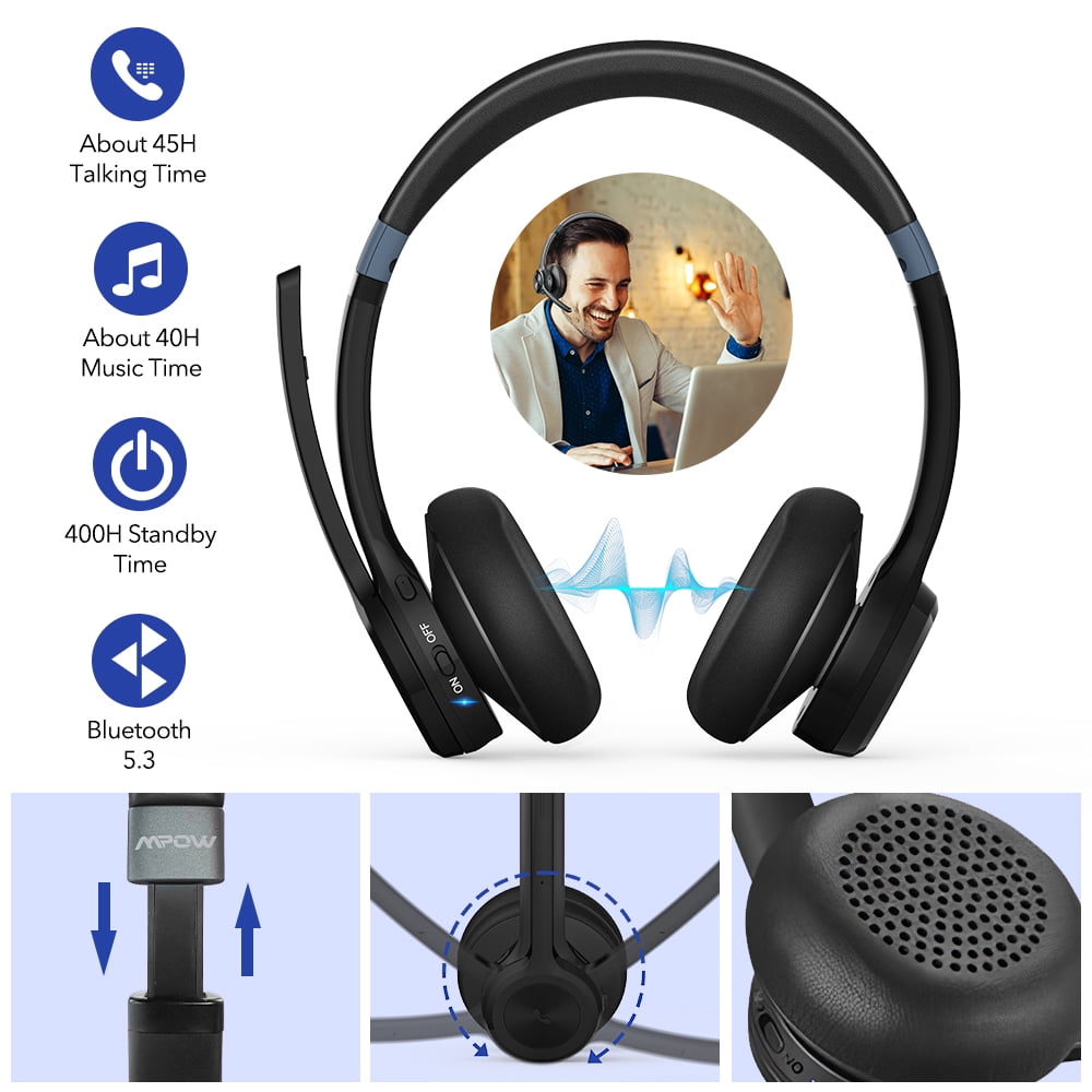 Bluetooth Headset V5.3, Superior Stereo Vibration Sound with Active Noise Cancelling Microphone, Dual Device Connection, 45H Talk Time Comfortable On-Ear Wireless Headphones for Phones, Computers