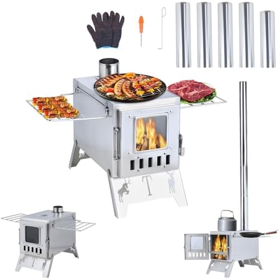 Upgraded Wood Stove, Hot Tent Stove with Visible Window & 5 Chimney Pipes, Portable Stainless Steel Camping Heating & Cooking Stove for Hunting, Ice Fishing, Outdoor Trips