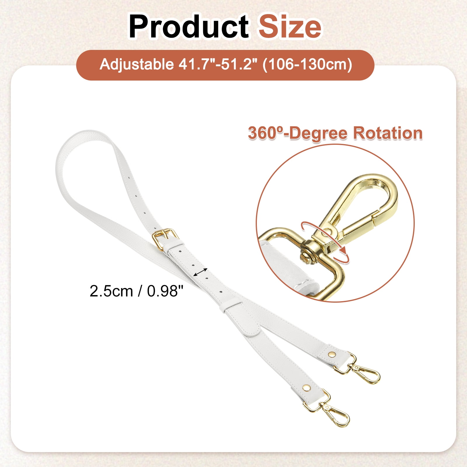 1" Genuine Leather Purse Strap for Bag (White, Gold Buckle)