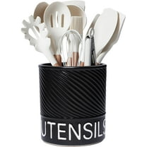 Arikago Utensil Holder for Kitchen Counter, 6.5" Large Ceramic Utensil Crock with Cork Mat, Modern Cooking Tool Spatula Organizer for Countertop Decor, Matte Black