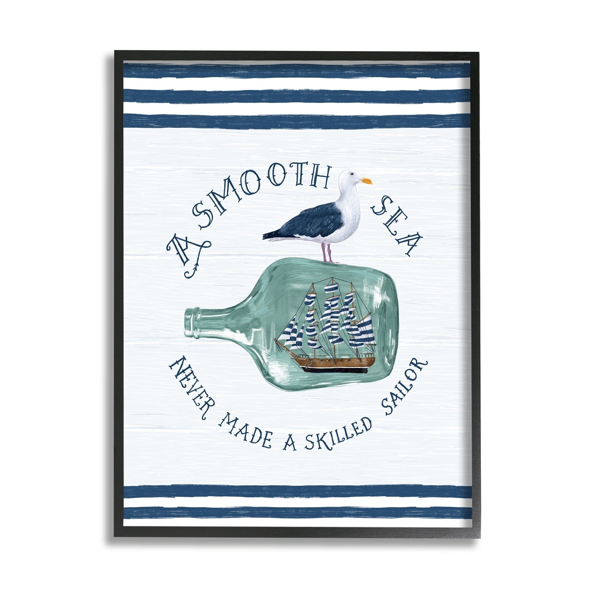 Stupell Industries Ship In Bottle Seagull Striped Nautical Phrase Graphic Art Black Framed Art Print Wall Art, Design by Raquel Maciel