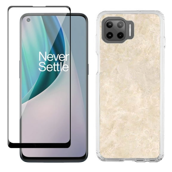 Slim-Fit Protective Phone Case compatible with Motorola Moto One 5G UW, with Tempered Glass Screen Protector, by OneToughShield ® - Marble / Latte