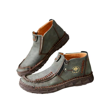

Colisha Men Leather Shoes Zipper Casual Shoe Hand Stitching Ankle Booties Outdoor Non Slip Boots Comfort Green 7