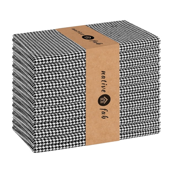 Native Fab Reusable Houndstooth Cloth Napkin 18x18 Cotton Set of 12 - Black