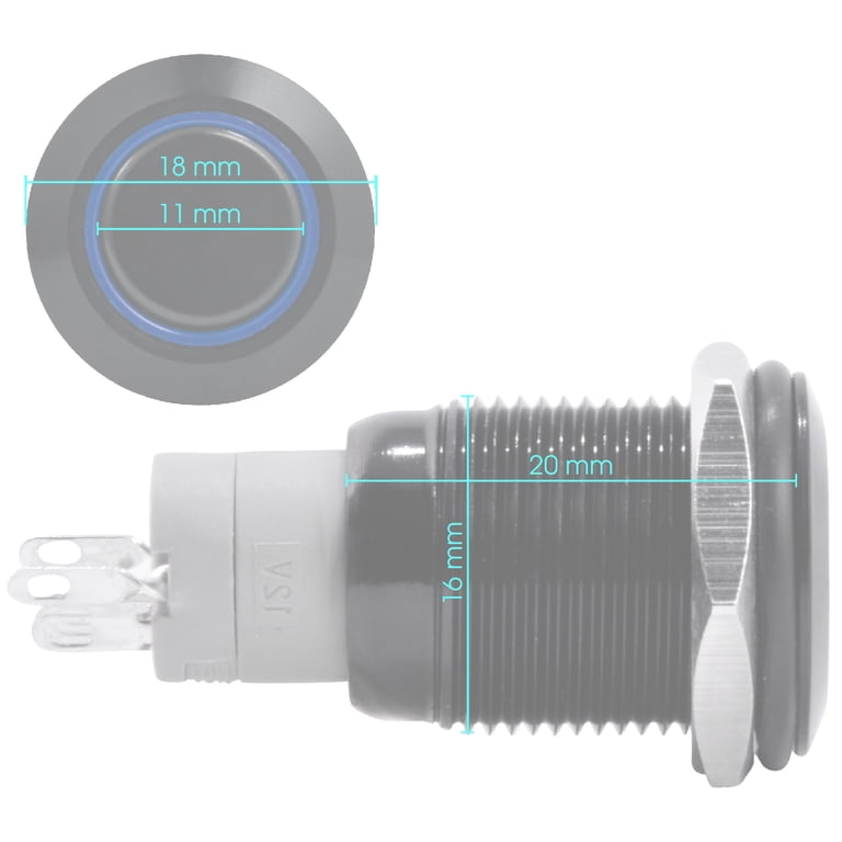 JacobsParts Latching Pushbutton ON/OFF Maintained Power Switch Circular Metal Silver With White LED Fits 5/8\" (16mm) Diameter Panel Cutout Hole