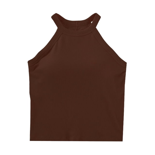 JGGSPWM Women Sleeveless Racerback Tank Tops with Built in Bras High Neck Ribbed Casual Basic Slim Fitted Crop Shirts Coffee M
