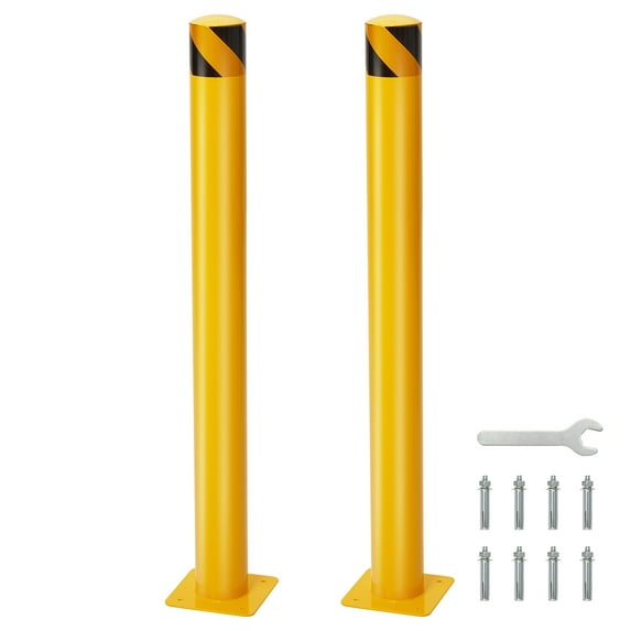 Safety Bollard, 2 Packs 48 Inch Height Parking Post, 4.5 Inch Diameter Steel Pipe Street Bollard, Yellow Steel Safety Bollard with 8 Anchor Bolts for Traffic-Sensitive Area Garage or Parking Lot