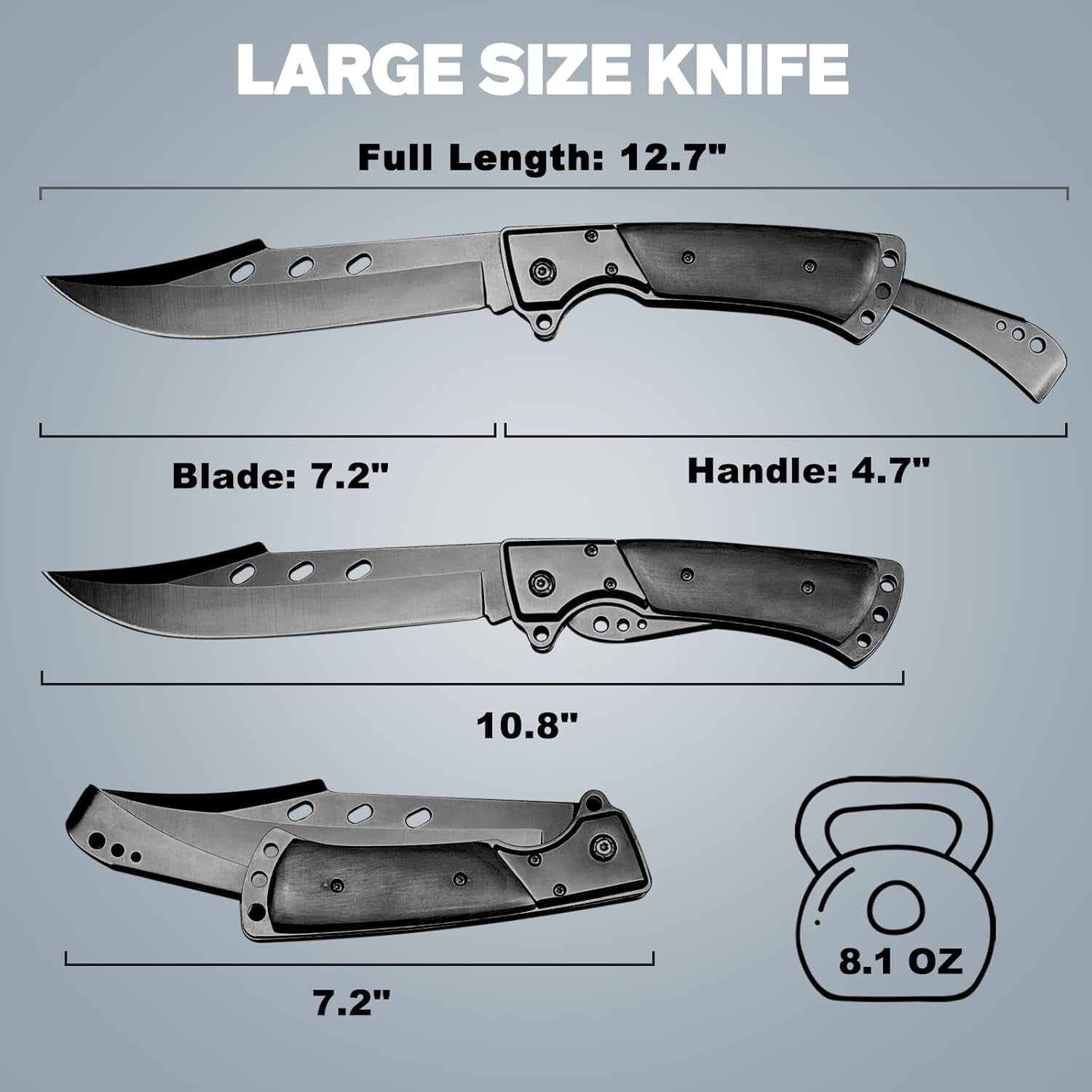12.7" Lar Folding Knife Tactical Knives with Ebony Handle and Sheath - 7.2" Long Blade Big Pocket for Men EDC Survival Hunting Camping Hiking Tools ()