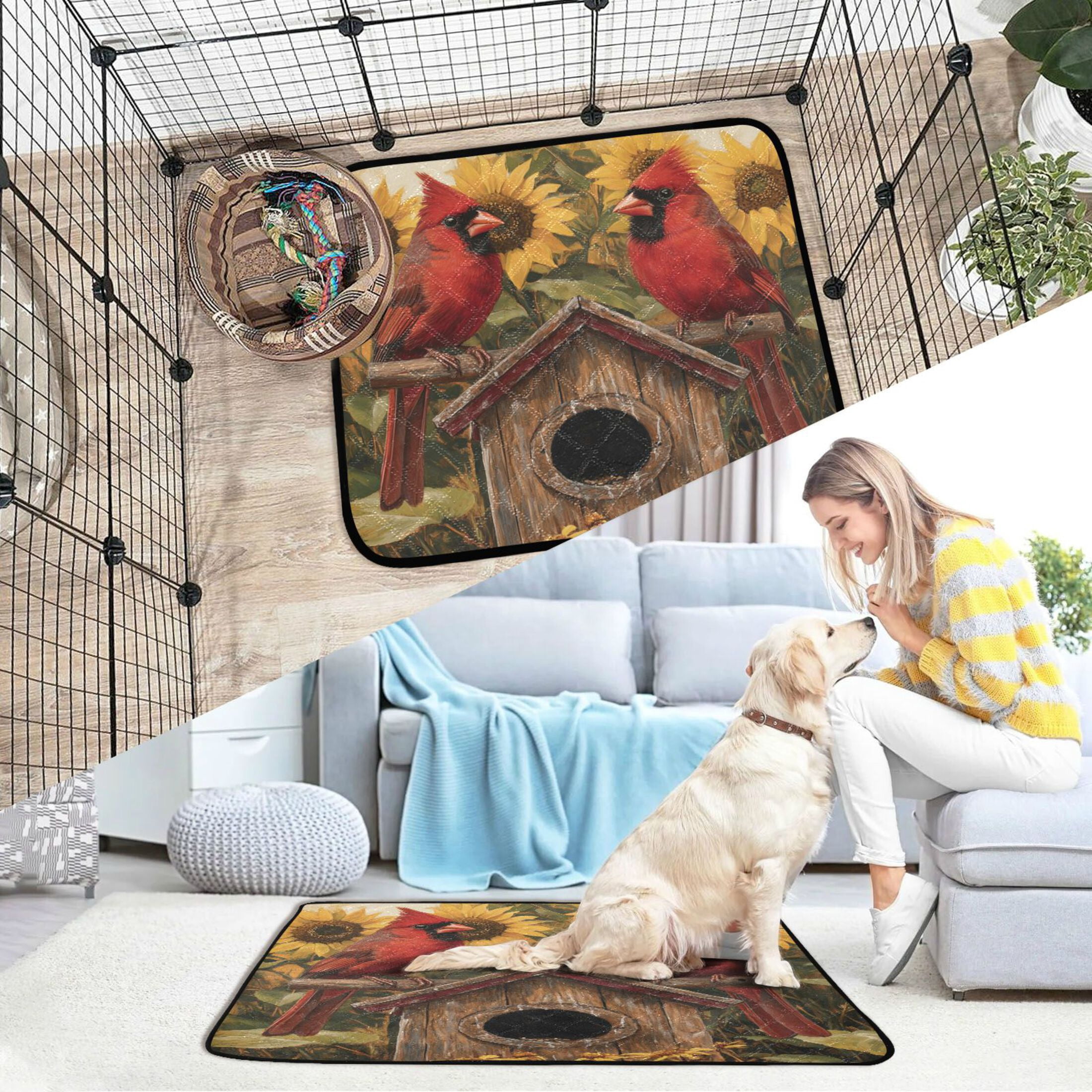 Qxltty Summer Sunflowers Cardinal Bird Cat litter Pads Pet Set of 2 Diaper Mats Center Anti-leakage Layer Absorbent Soft and Comfortable