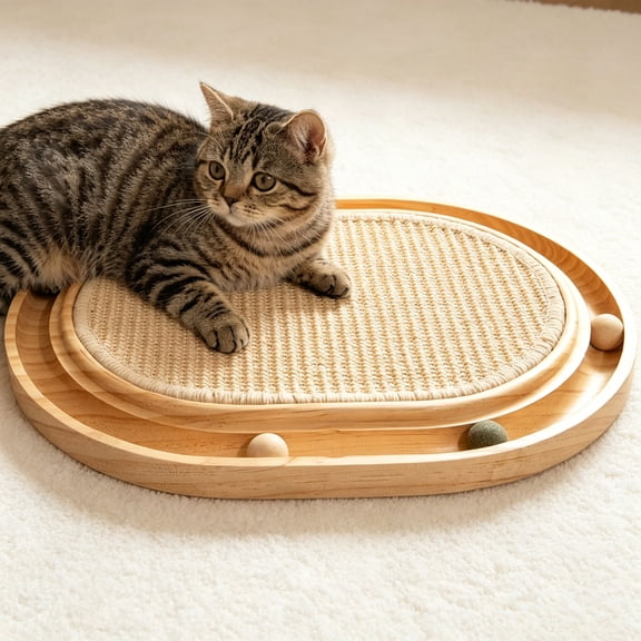 HQinX Sisal Cat Scratcher Toy with Ball Track, Wooden Interactive Cat Toy for Indoor Cats Scratch Pad, for Kitten and Medium Cat