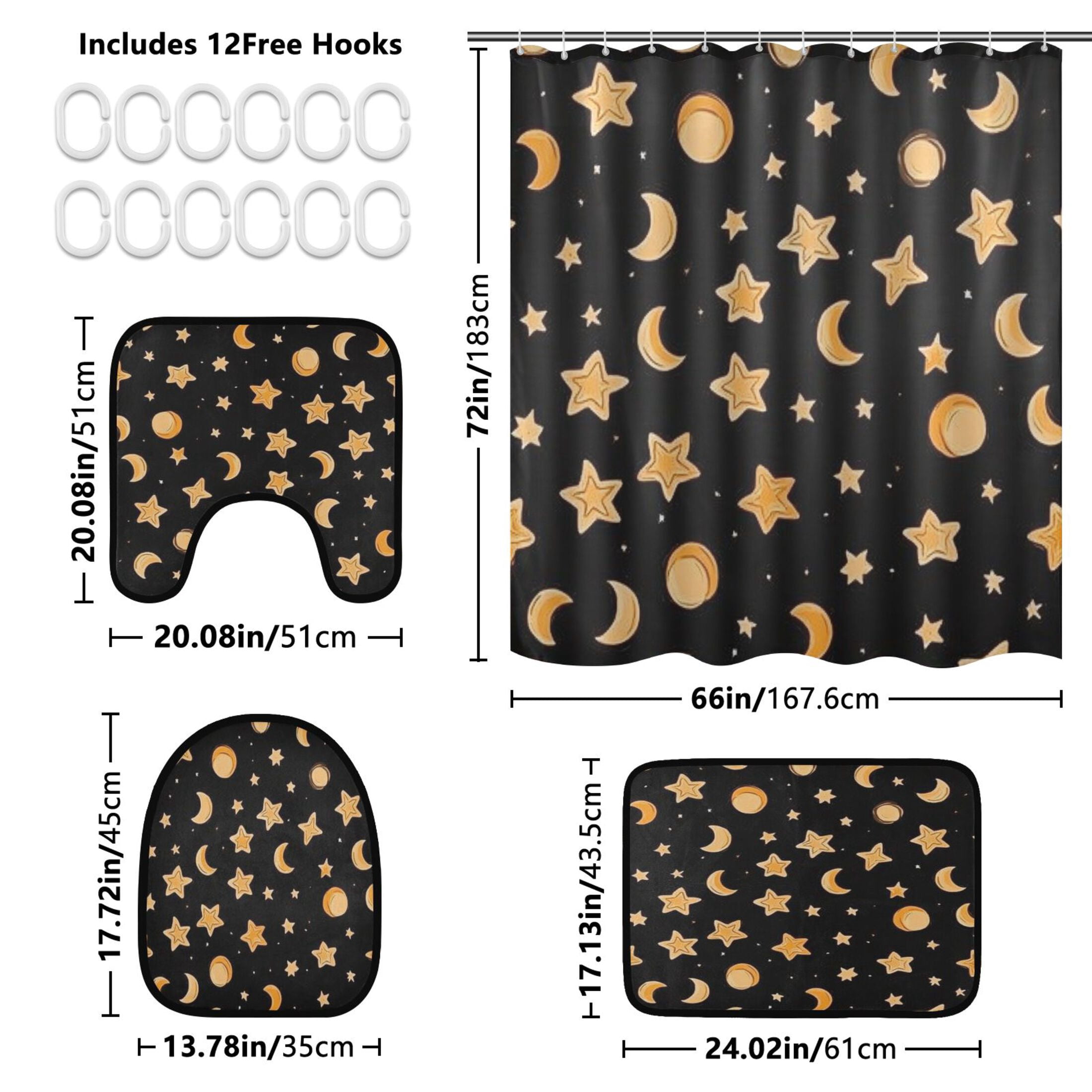 Sun Moon and Stars Bathroom Accessory Curtain Sets Bath Curtain Anti-Slip Mats and Toilet Pad 66x72in