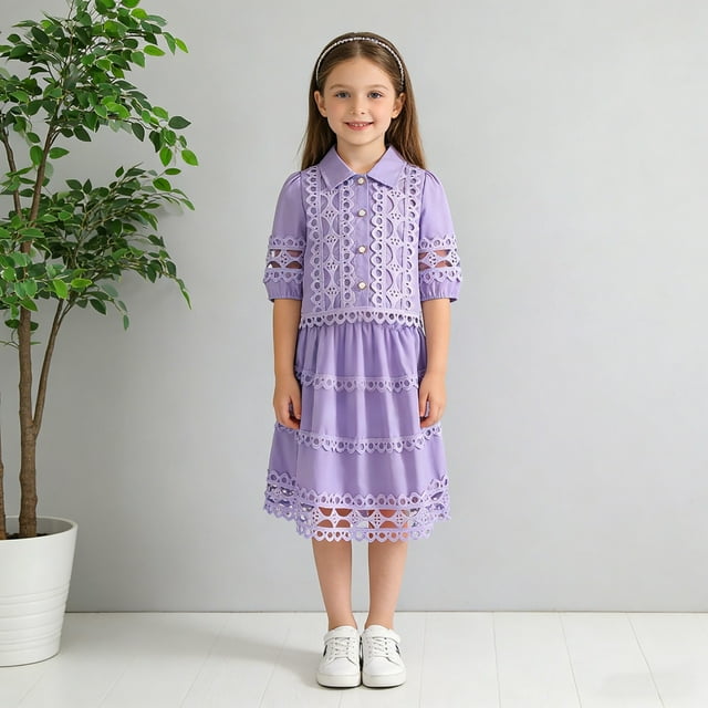 Conjunto de falda y top de manga corta con cuello alto y falda de encaje para niña, primavera/verano
