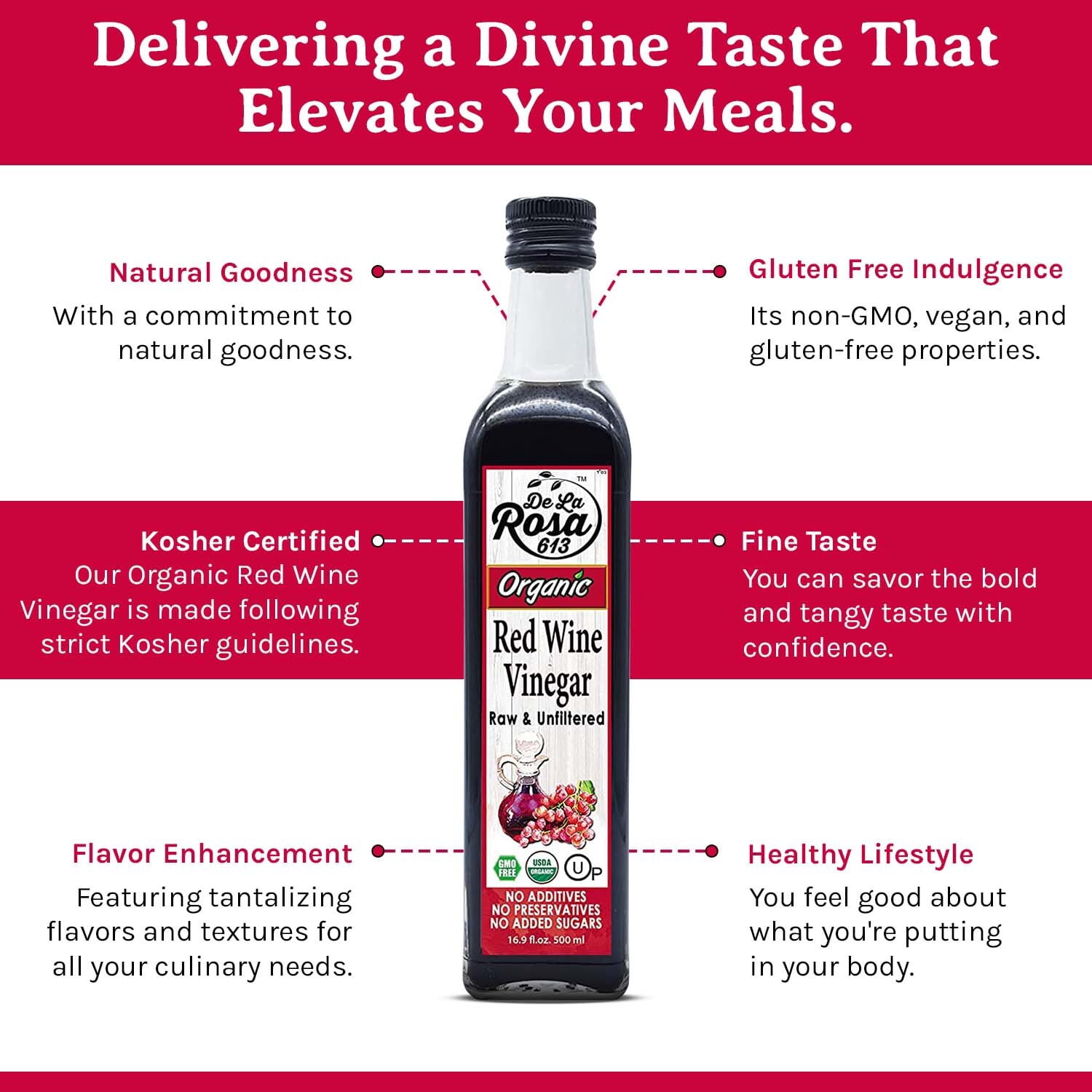 De La Rosa™ Organic Red Wine Vinegar, Raw & Unfiltered, 16.9 Oz (Pack of 2)